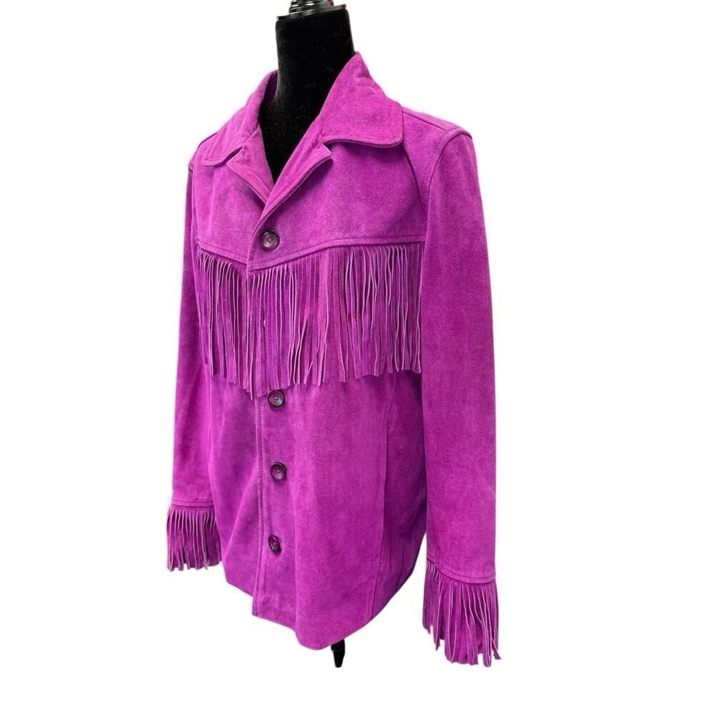 Nasty Gal Real Suede Fringe Jacket Orchid Pink Western Boho Oversized US 6 - Picture 8 of 13
